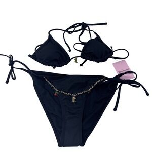 Juicy‎ Couture Black Triangle Bikini Set Gold Chain Charms XS JUC26333S New